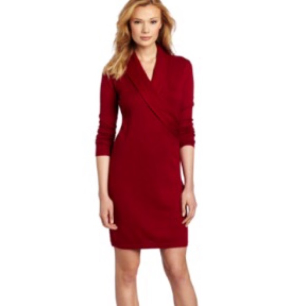 NWT $99 Angora Faux-Wrap Sweater Dress M Bali Red EVAN PICONE